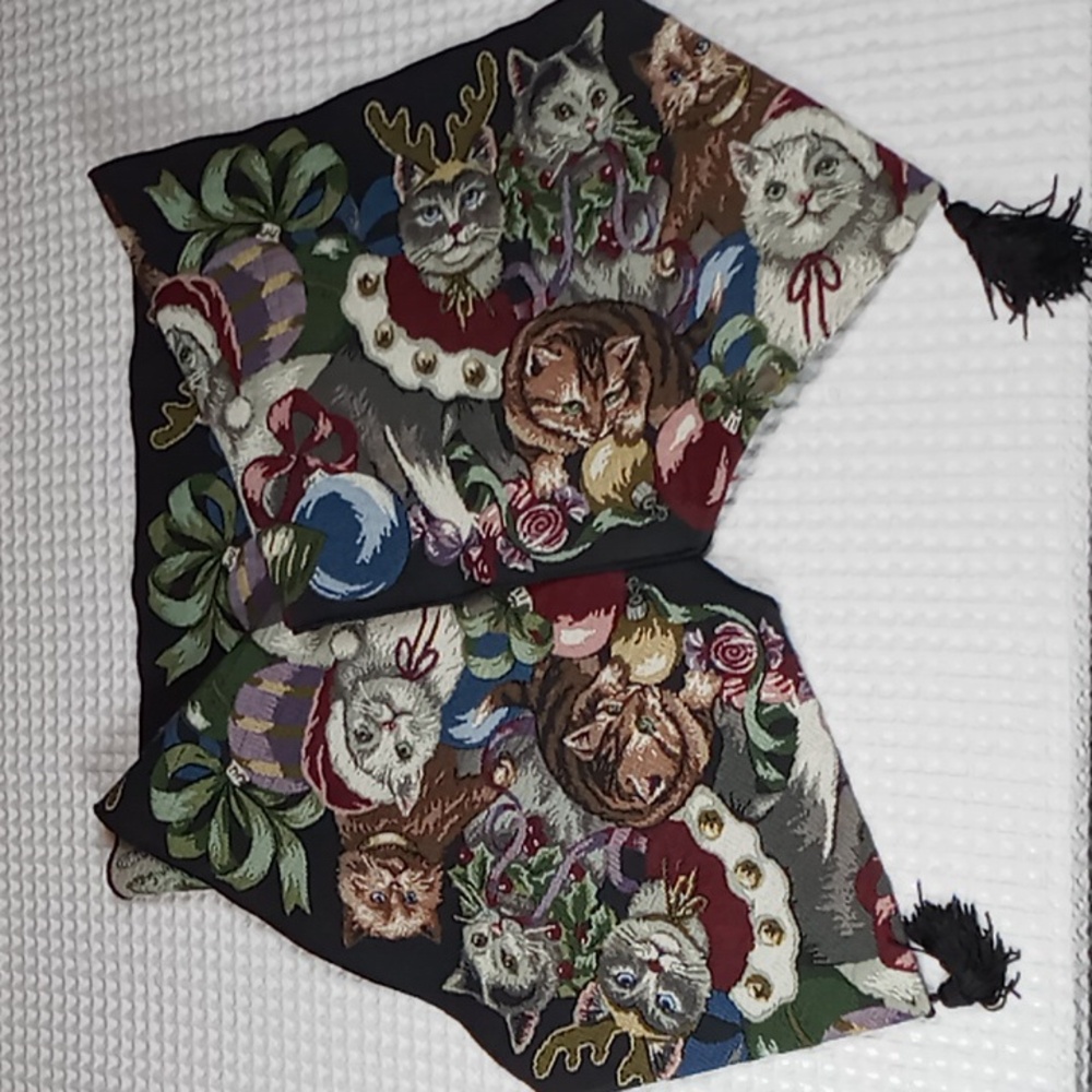 Christmas Cats Tapestry Table Runner 69" x 13 with Tassels